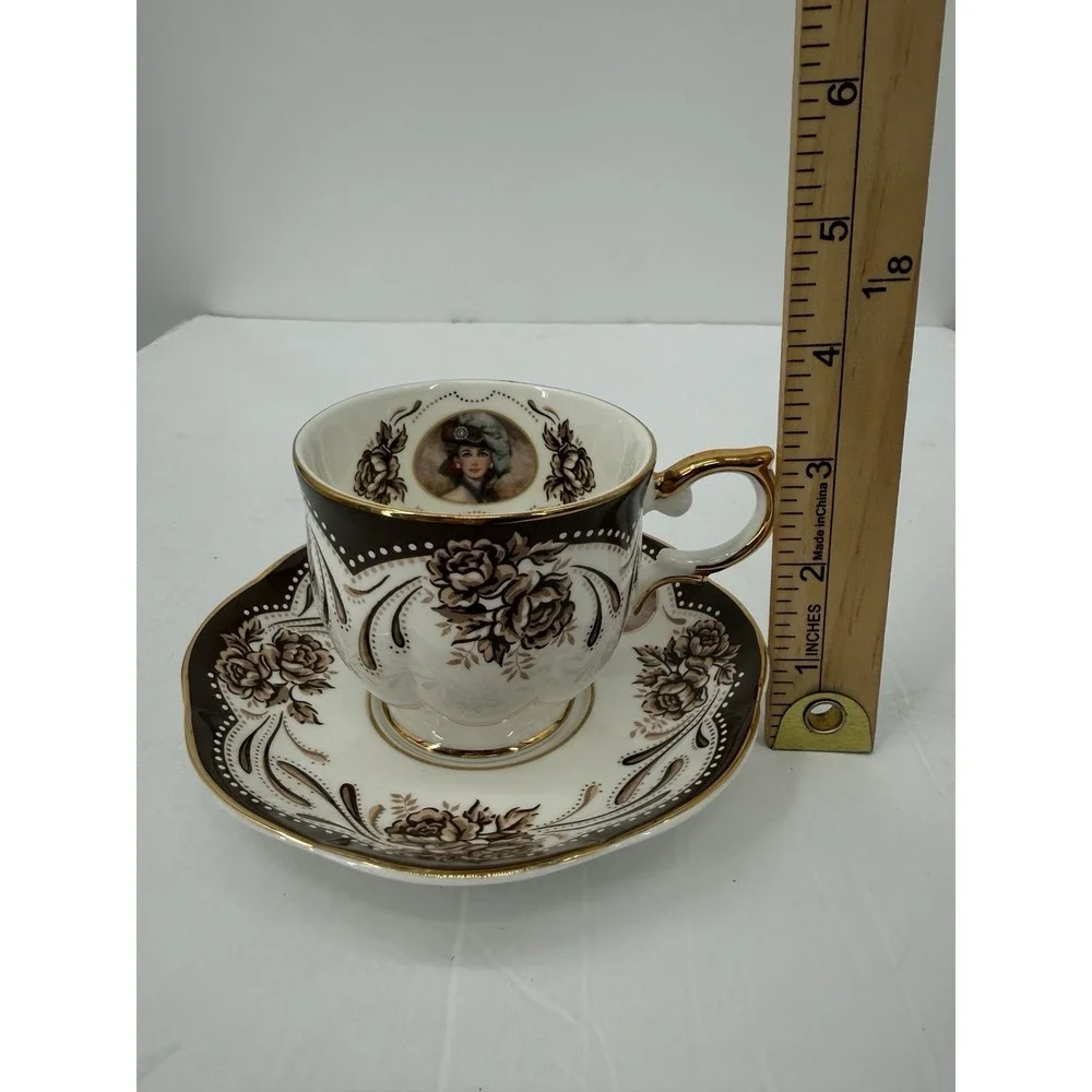 Avon Honor‎ Society 1999 Teacup Saucer Black Gold Floral Victorian Lady Set